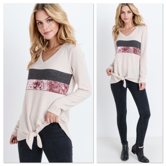 Lavender Moon Tops - Taupe Crushed Velvet Color Block Top